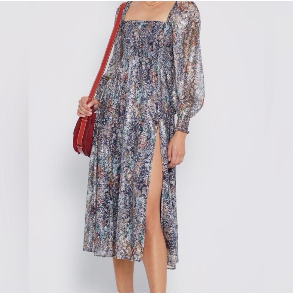 O.p.t Floral Smocked Shimmer Long Sheer Sleeve Midi Dress Square Neck Size Small